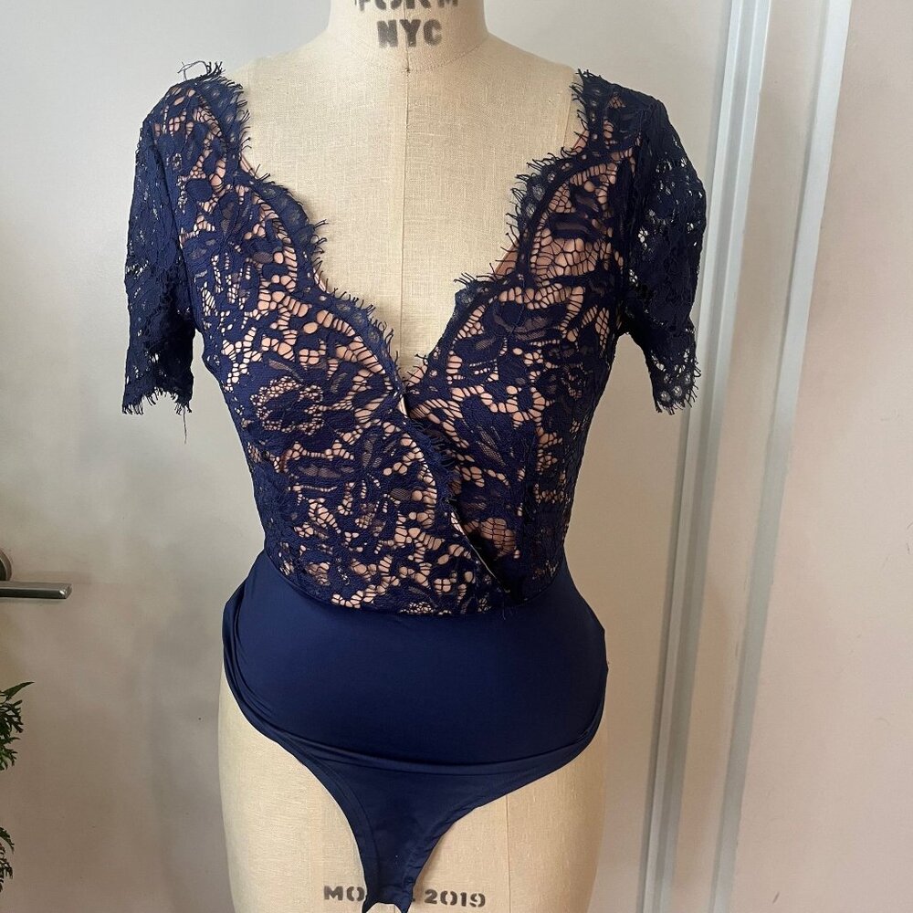 Karen Millen Cobalt‎ Blue Unconventional Lace Bodysuit Size 4